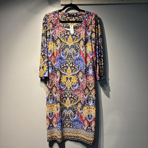 Talbots Jersey Paisley Blue Mustard Floral Shift Dress Stretch Elegant Career XL - Picture 1 of 7